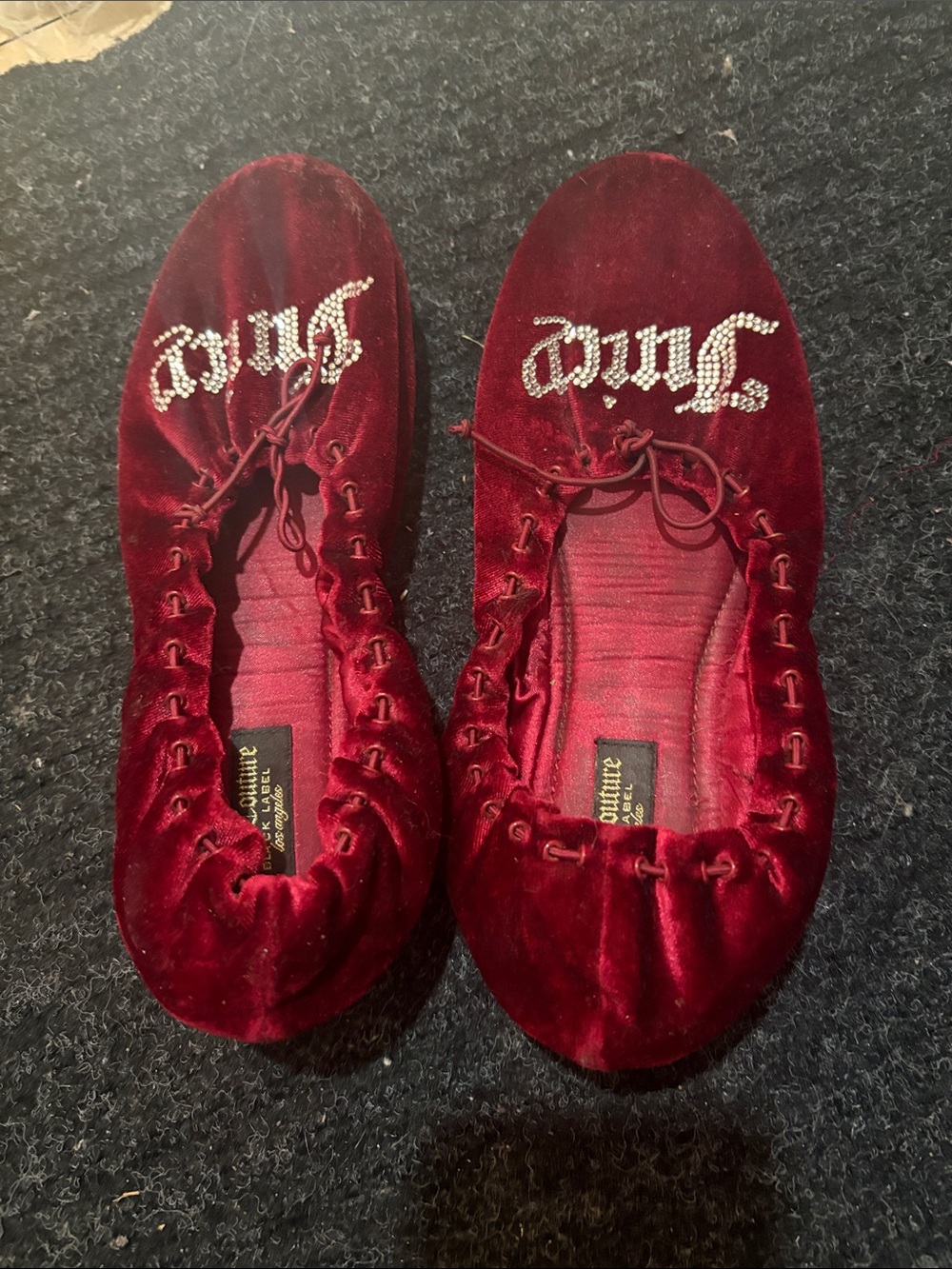 Juicy Couture Red Velvet Ballet Flats with Crystal 'Juicy' Accent